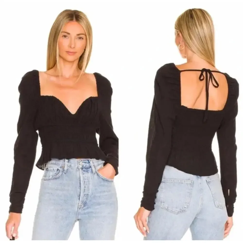 Free People Chloe Top Sweetheart Ruffle Smocked Puff Sleeve Blouse NWT